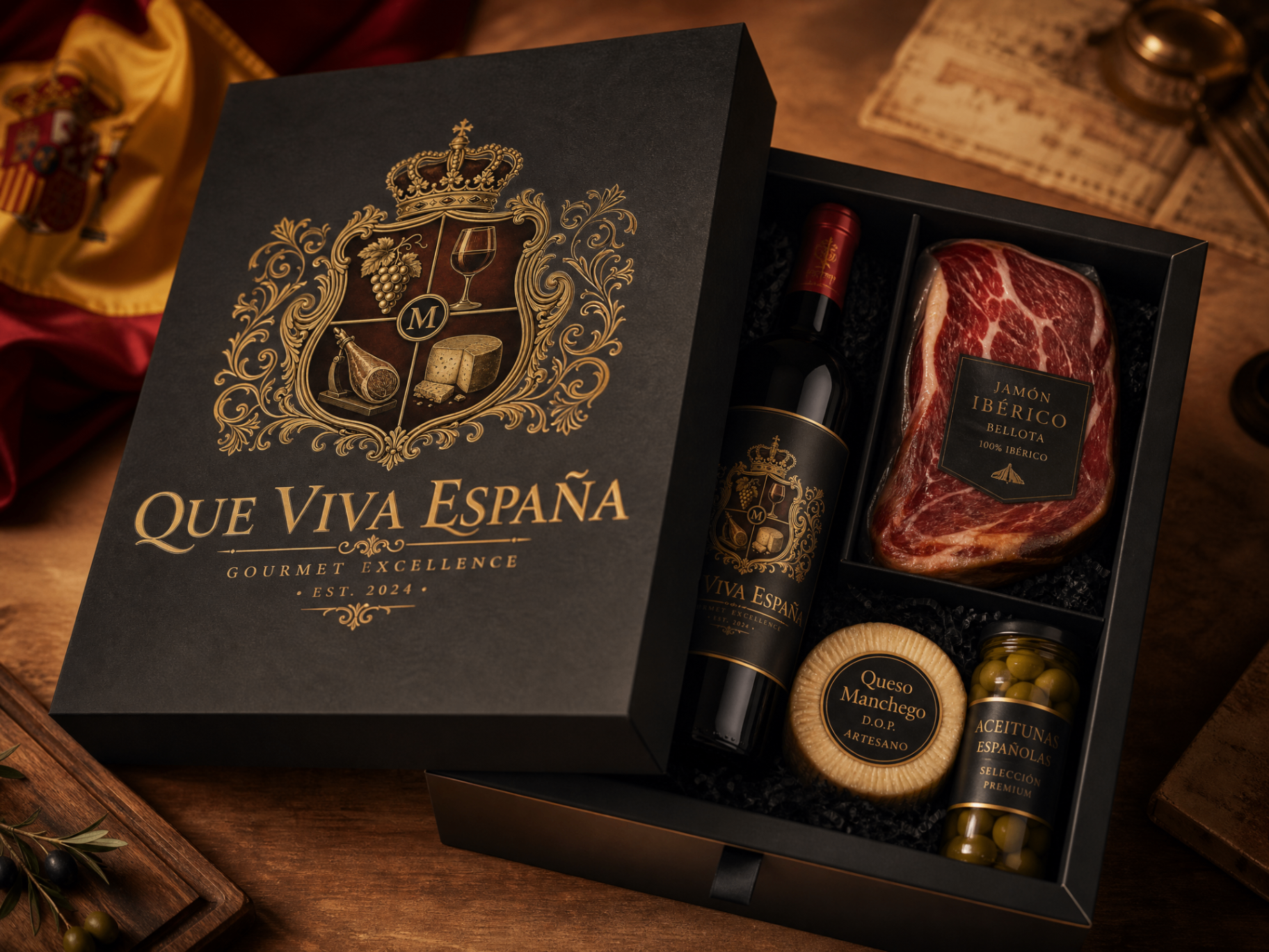 Caja de regalo Que Viva España con vino, jamón ibérico, queso manchego y aceitunas