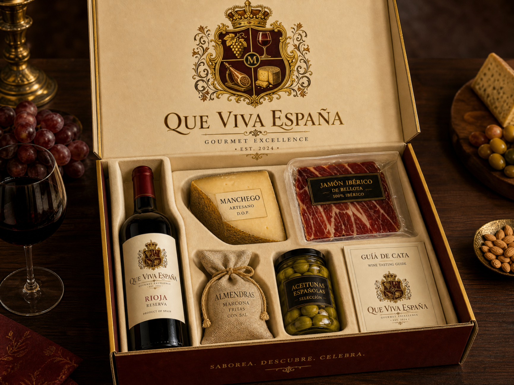 Caja del Club Que Viva España abierta con vino, jamón, queso y guía de cata